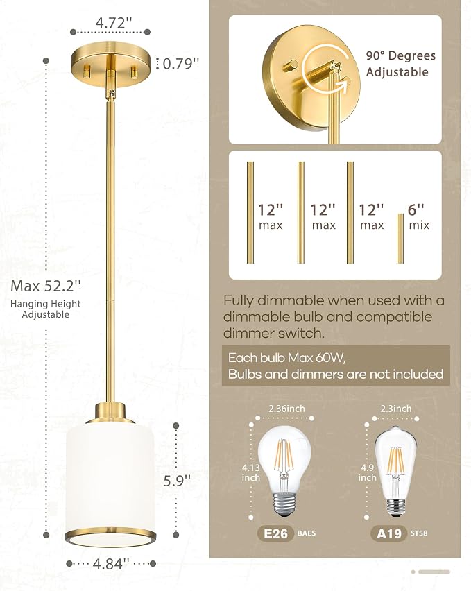 Beionxii Brushed Gold Pendant Lights Kitchen Island, Hanging Lights, 1 Pack | Modern Kitchen Pendant Lighting Over Island, Gold Pendant Light with Clear Glass for Sink, Dining Room, Entryway, BX-PL02BG