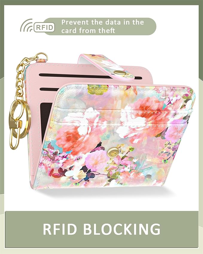 Aiawoxc Womens Wallet, RFID Small Wallets for Women, Slim Compact Credit Card Holder, Cute Leather Bifold Ladies Purse with Zipper Coin Pocket and ID Window, Watercolor Flowers