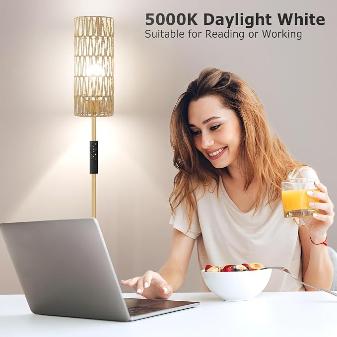 64'' Floor Lamps for Living Room with Remote Control and Stepless Dimmable Colors Temperature & Brightness, Boho Gold Standing Lamp with Beige Rattan Shade