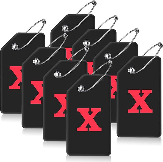 Gostwo 8 Pack Luggage Tags for Suitcases, 26 Initial Letter Travel Luggage Baggage Identification Labels ID Tags Fully Bendable Tags with Stainless Steel Loop (Letter X, Black)