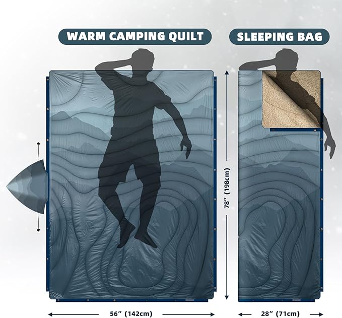 Outdoor Camping Blanket with Sherpa Lining, Extra Warm Thick Camp Blankets and Puffy Ultralight Soft Poncho DWR Camping Quilt for Cold Weather, Adventure, Sleeping, Backpacking 78"x 56"