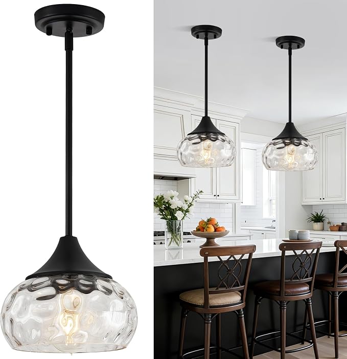 Modern Pendant Lights Kitchen Island, Matte Black Pendant Light Fixtures with 8.5" Clear Hammered Glass Shade, Industrial Hanging Pendant Lights Fixture for Kitchen Island Dining Room Entryway 1 Pack