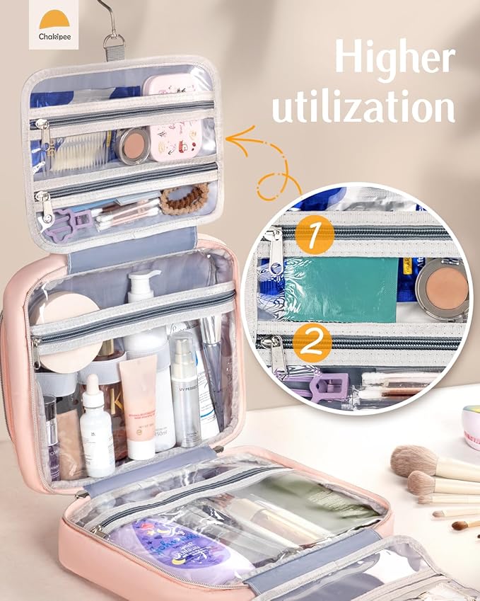 Travel Hanging Toiletry Bag for Women - Waterproof Cosmetic Organizer with Clear Window, Lightweight Bathroom Bags for Essentials, Makeup, Shampoo, Toiletries Pink,Large
