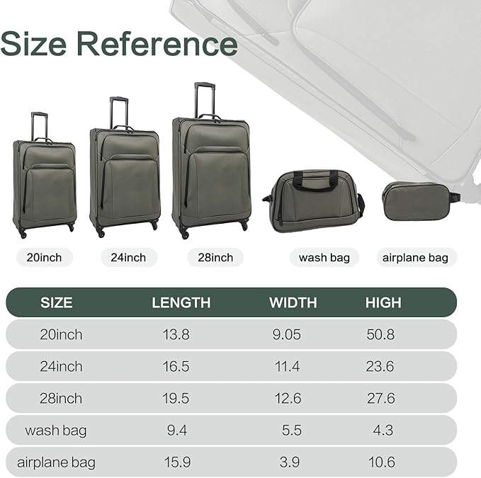 Lispin SoftshellLuggage Expandable 5 Piece Set Suitcase with Duffel Bag Softside Lightweight Luggage Travel Set (Dark Green)