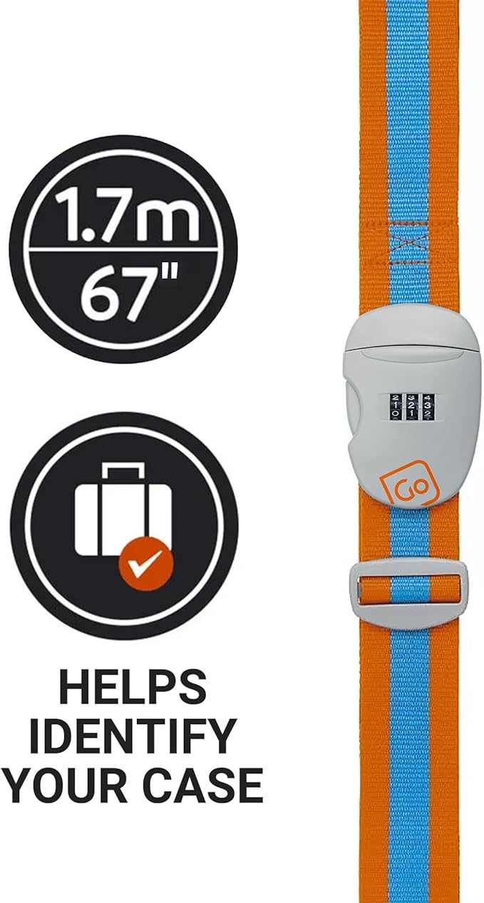Combi Luggage Strap, Fully Adjustable Luggage Straps for Suitcases and Bags, Secure 3-Dial Combination Lock with Sturdy Buckle, Travel Essentials, Blue/Orange