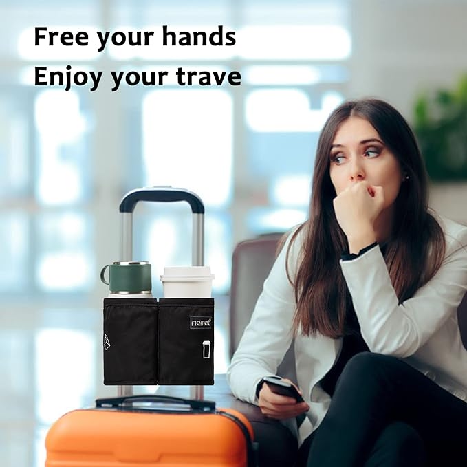 riemot Luggage Travel Cup Holder Free Hand Drink Caddy - Hold Two Coffee Mugs - Fits Roll on Most Suitcase Handles - Gifts for Flight Attendants &Frequent Travelers Accessories Black