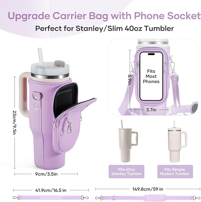 linmaya Water Bottle Carrier Bag for Stanley Cup 40/30oz with Phone Holder Pockets,Neoprene Water Bottle Cross-body Bag with Adjustable Shoulder & Hand Strap Stanley Cup Accessories