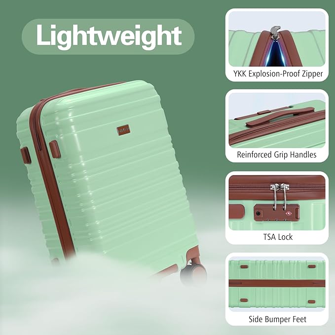 Luggage Sets 3 Piece, 100% PC Hardside Luggage with Spinner Wheel TSA LOCK Lightweight Quiet Suitable for Men and Women, Family Travel 20/24/28 Light Green