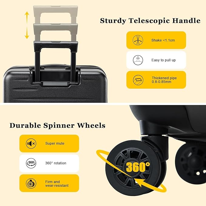 16 Inch Underseat Carry On Luggage Airline Approved, Expandable Lightweight ABS+PC Hard Shell Suitcases with 360° Spinner Wheels, TSA Lock, YKK Zipper, for Business Weekender (Black, 1 PC)