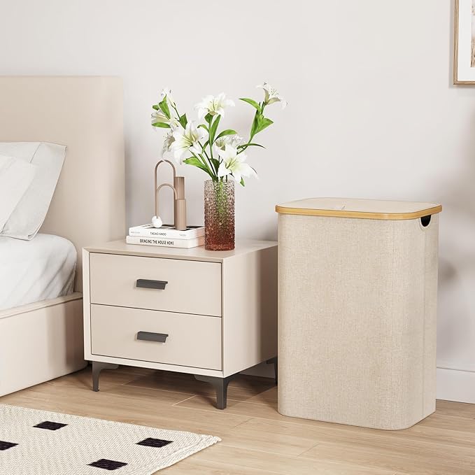 Lifewit 80L Laundry Basket with Lid, Clothes Hampers for Laundry with Bamboo Handles and 1 Removable Bag, Large Foldable Laundry Hamper for Bedroom, Bathroom, Dorm, Laundry Room, Beige