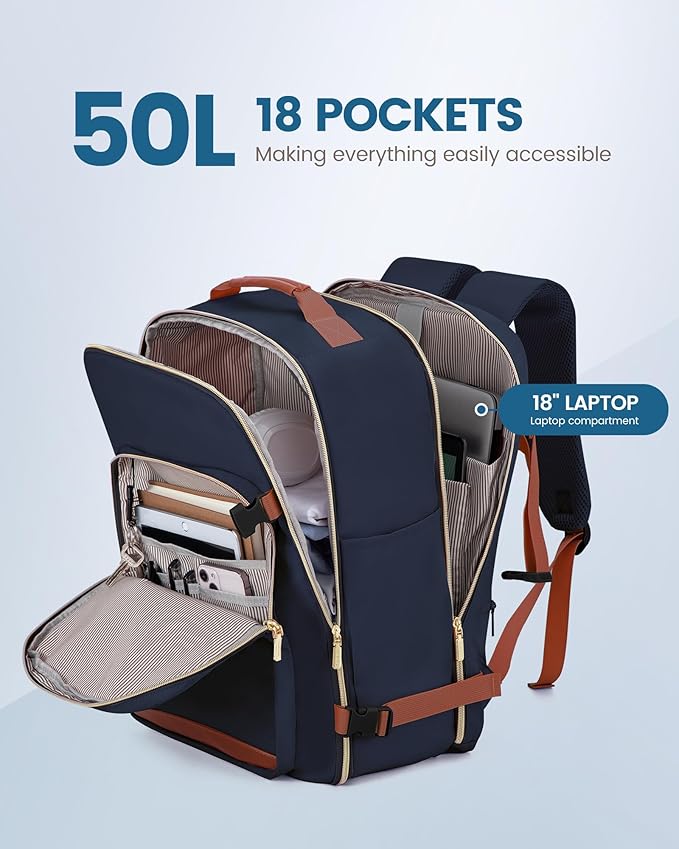 LOVEVOOK Travel Backpack for Women & Men 50L,Airline Approved Carry On Backpack Travel Essentials,TSA Carry on Luggage,Waterproof Personal Item Travel Bag,Suitcase with 3 Packing Cubes,Dark blue-Brown