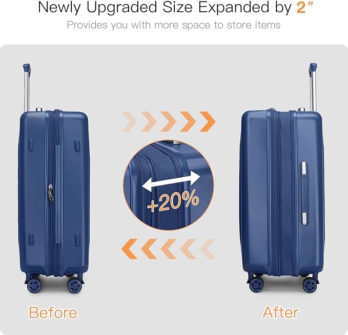 Kono Expandable Luggage 3 Piece Set Hardshell Lightweight 20in 24in 28in Carry On Suitcase with Spinner Wheels TSA Lock(Navy)