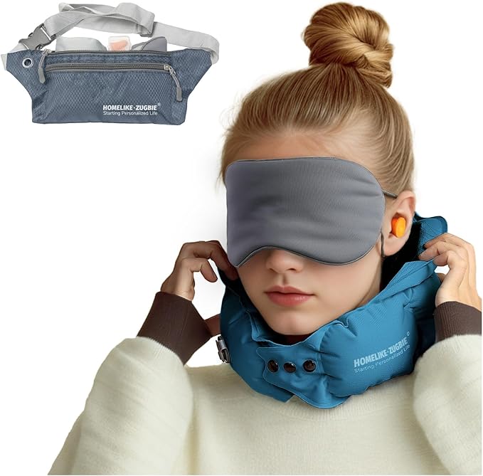 Inflatable Travel Pillow for Airplane, Inflatable Neck Pillow Airplane Pillow for Travel Office Nap Neck Support, Buy 1 Get 3 Professional Sleeping Eye Mask and Highly Silent