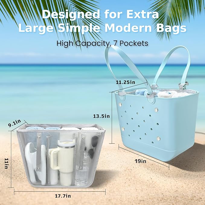 XYFuuee Beach Bag Organizer Insert for XL Simple Modern Bag Accessories with 8 Removable Metal Fasteners, Extra Large Lightweight Mesh Inserts Divider Pouch, Organizing Rubber Tote, Save Space, Gray