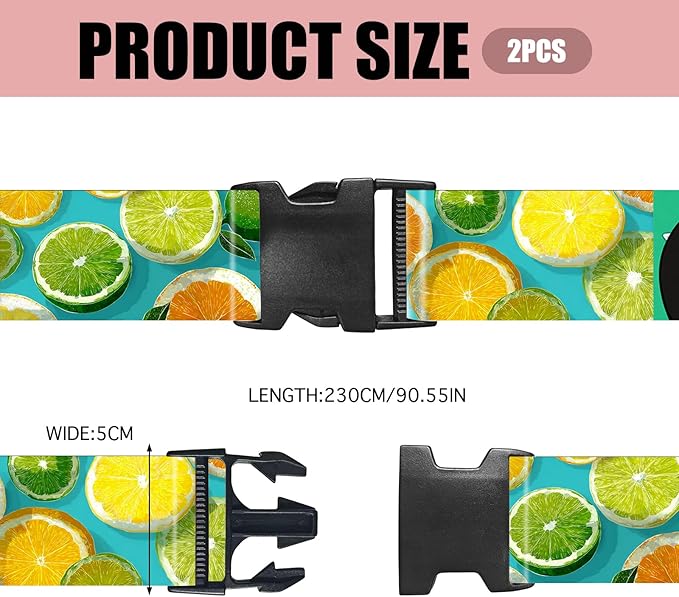 Nuxovilar Luggage Straps of 2 Set Citrus Fruits Pattern, 1.96x90.5 inches - Luggage Straps for Suitcases, Suitable for Summer Trips, Beach Vacations, Family Travel