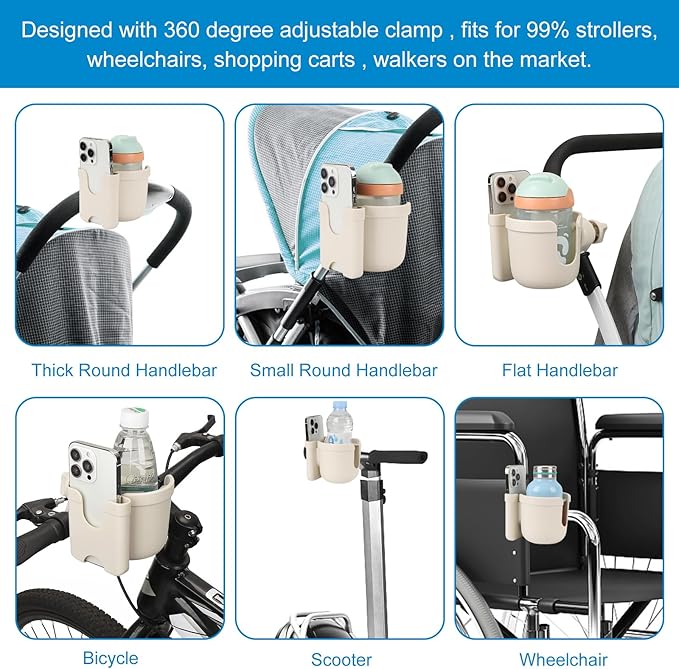Accmor Stroller Cup Holder with Phone Holder, Bike Cup Holder, Universal Cup Holder for Uppababy Nuna Doona Strollers, 2-in-1 Cup Phone Holder for Stroller Bike Wheelchair Walker Accessory