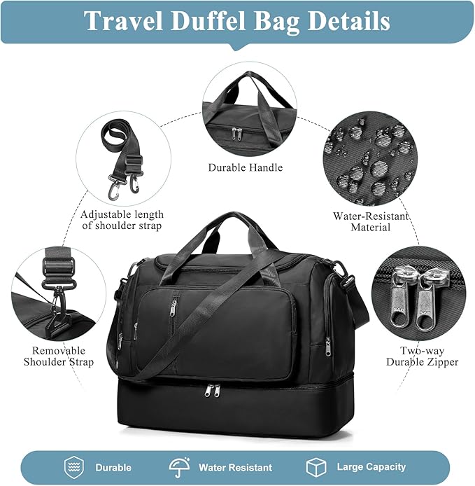 Travel Duffle Bag, Weekender Bags for Women,Carry On Overnight Personal Item Travel Bag with Shoes Compartment,Black