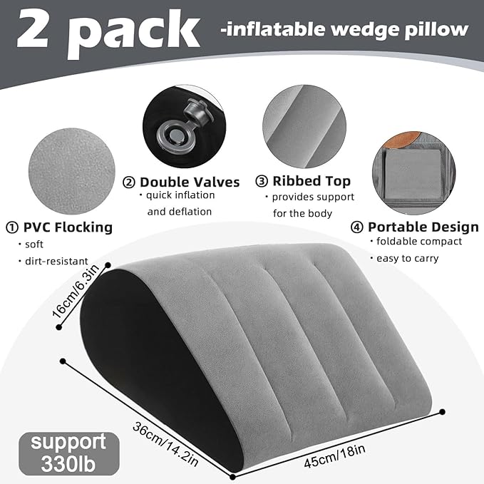 TheClover Portable Inflatable Wedge Pillow Cushion - 2 Pack Body Positioners Foldable Wedge Pillow for Sleeping,Back,Travel,Bed,Leg Elevation with Fast Inflation Deflation(Grey)