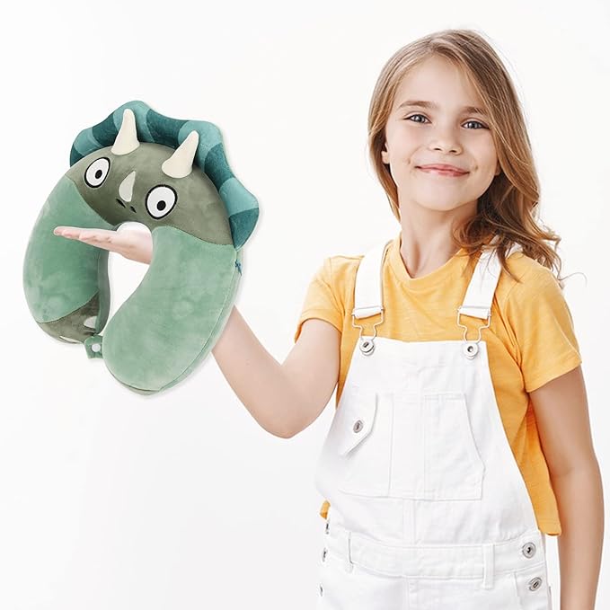 Sexysamba Cartoon Headrest & Neck Pillow for Kids Boys & Girls, Teens, Travel Accessories for Airplane, Car, Recline, Memory Foam Cute Travel Pillow with Sleep Eye Mask - Green Triceratops