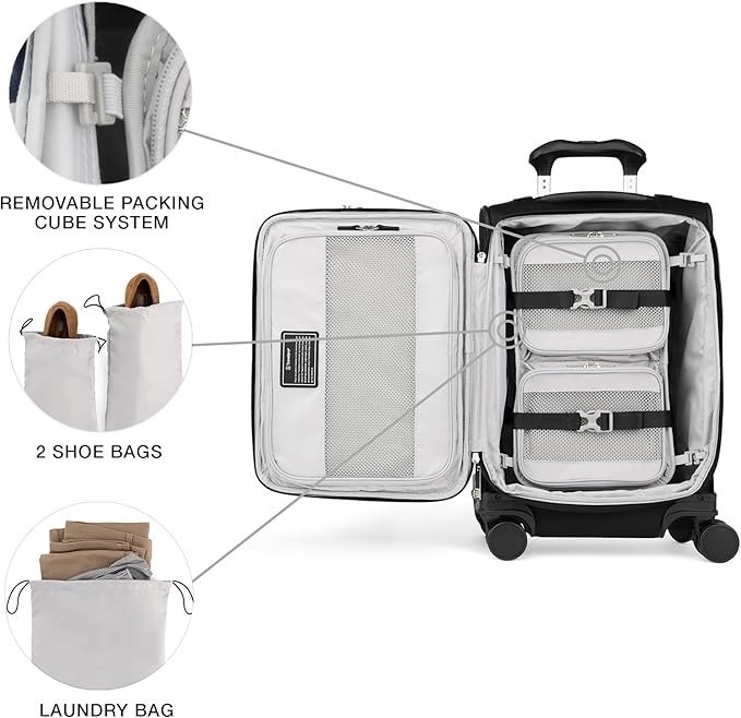 Travelpro VersaPack+ Lightweight Softside Expandable Carry on Luggage, 8 Spinner Suitcase, TSA Lock, Men and Women, Carry On 21-Inch, Black