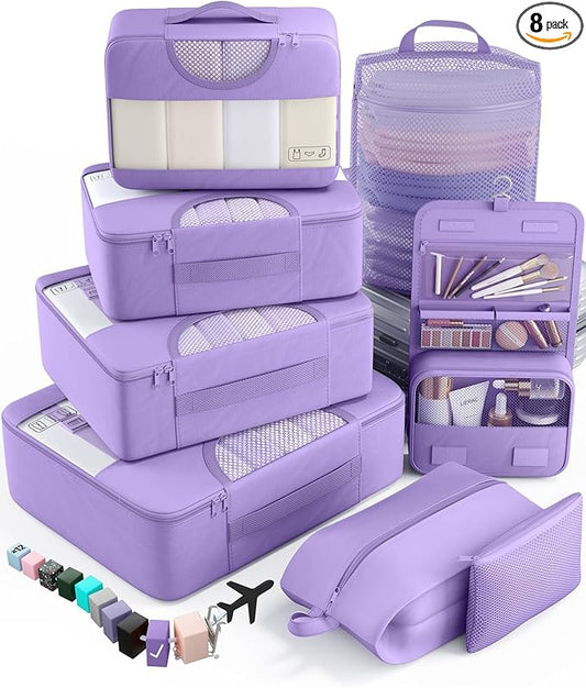 Veken 8 Set Packing Cubes for Travel Essentials, Suitcase Organizer Bags in 4 Sizes, Carry-On Luggage Accessories with Large Laundry & Hanging Toiletry Bag, Must-Have for Airplane, Road Trip & Camping