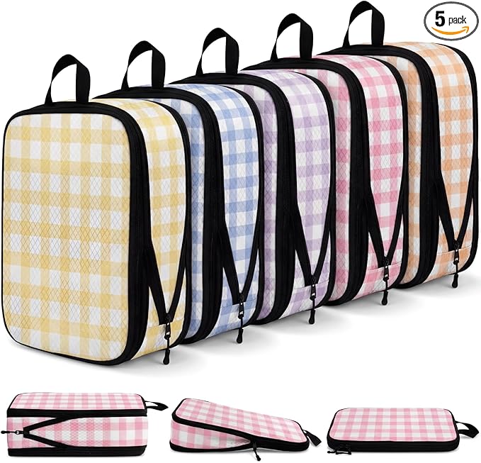 5 Pack Compression Packing Cubes for Travel Space Saving Cubes Luggage Organizer for Suitcase(Plaid,S)