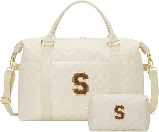 Gifts for Women, Initial Travel Duffle Bag, Personalized Weekender Overnight Bags, Gift for Mom Friend College Girl Graduation Teacher（Beige,S)