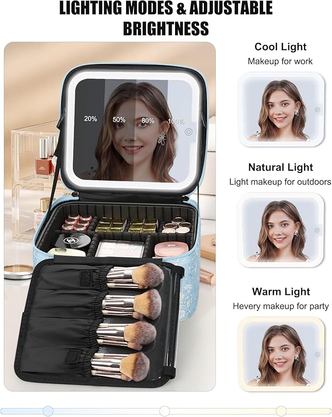 Relavel Travel Makeup Bag With LED Mirror for Women, Cosmetic Organizer Bag with Adjustable Brightness in 3 Color Scenarios, Detachable Dividers, Waterproof Train Case for Daily - White Flower