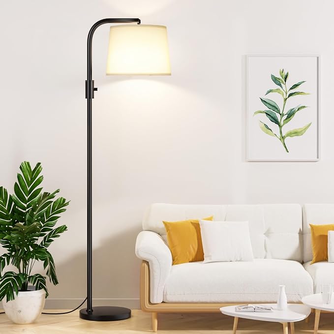 Fully Dimmable Floor Lamp with 9W LED Bulb, Standing Lamp for Living Room with Adjustable Head, Modern Tall Light with Rotary Switch for Office, Black and White