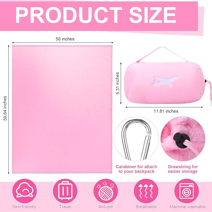 Peryiter 6 Sets Bulk Travel Blanket Pillows for Long Flight Sleeping 50 x 60 Inches Soft Flannel Packable Airplane Flight Blanket 2 in 1 Combo Warm Traveling Plane Essentials(Pink)