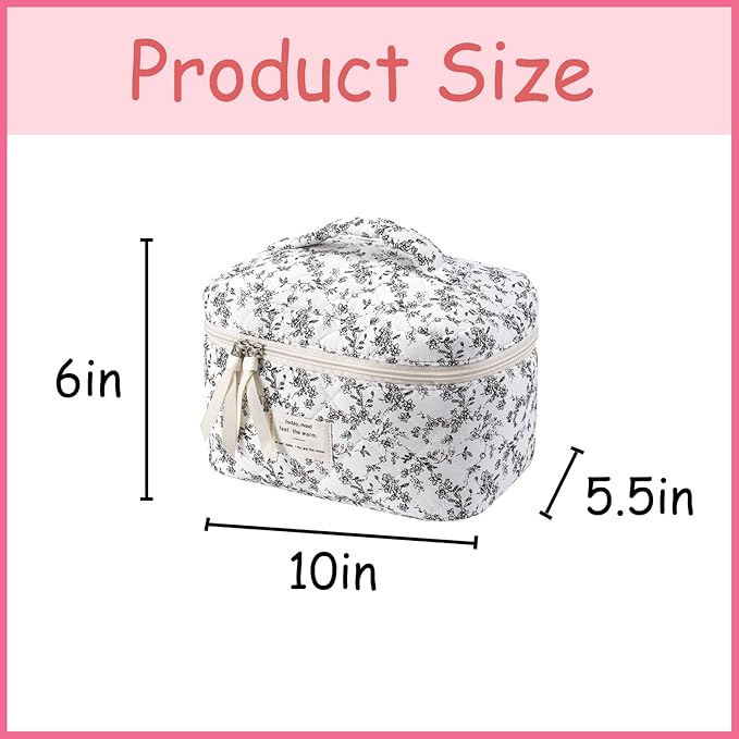 uekeboag Large Travel Quilted Makeup Bag for Women, Floral Cotton Cosmetic Bag, Coquette Aesthetic Floral Toiletry Organizer Bag