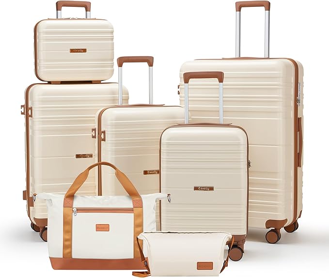 Luggage Sets with spinner wheels, PC+ABS Hard Shell Travel Luggage,Lightweight Carry-on suitcases with TSA Lock,YKK Zippers (Beige, 7 piece sets（14/18/20/24/28/DB/TB）)