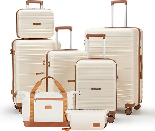 Luggage Sets with spinner wheels, PC+ABS Hard Shell Travel Luggage,Lightweight Carry-on suitcases with TSA Lock,YKK Zippers (Beige, 7 piece sets（14/18/20/24/28/DB/TB）)