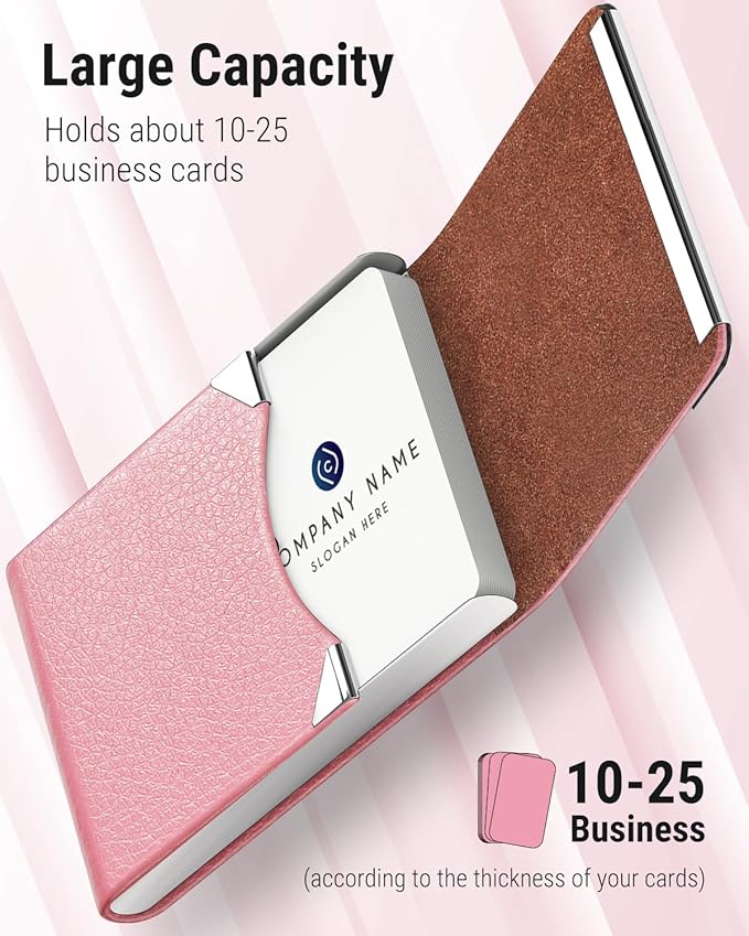 MaxGear Business Card Holder, PU Leather & Stainless Steel Business Card Case for Men or Women, Slim Name Cards Holder RFID Blocking Credit Cards Carrier with Magnetic Closure, Pink