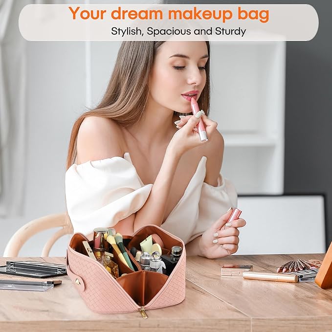 Large Capacity Travel Cosmetic Bag - Portable Makeup Bags for Women Waterproof PU Leather Checkered Makeup Organizer Bag with Dividers and Handle,Toiletry Bag for Cosmetics