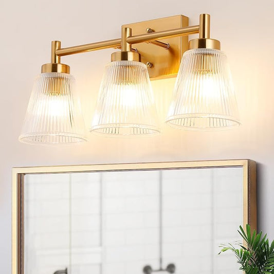 OCIOC 3-Light Bathroom Vanity Light, Modern Gold Wall Light Fixture With Stripe Glass, Farmhouse Bathroom Wall Sconces for Mirror, Kitchen, Bedroom, Living Room, Hallwa