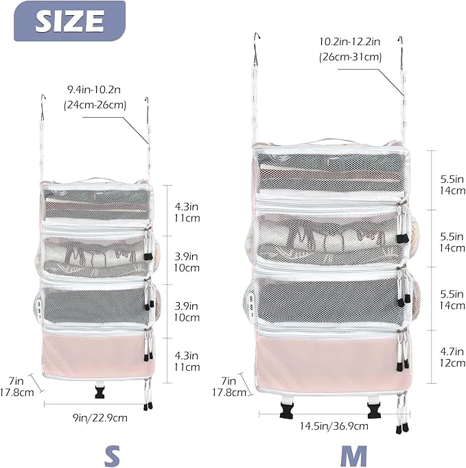 Surblue Travel Hanging Luggage Organizer Portable Suitcase Closet Organizer Multiple Compartments Collapsible Compression Packing Cubes Shelf, Pink, M