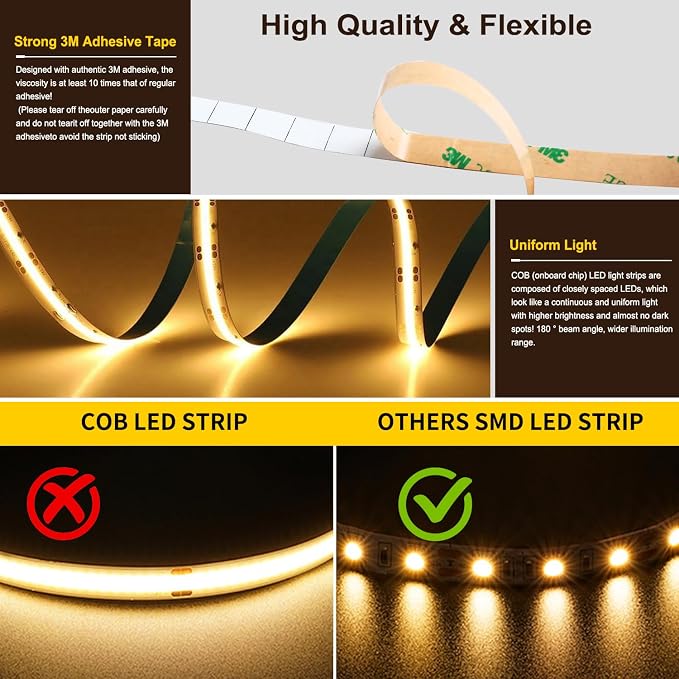 Pandery COB LED Strip Light,CCT Dimmable Strips Light,2700K-6500K,24ft/7.5m,8mm Wide,CRI90+ 24V LED Strips Kit with Bluetooth APP Control/Music Mode,for Bedroom,Kitchen,DIY Lighting