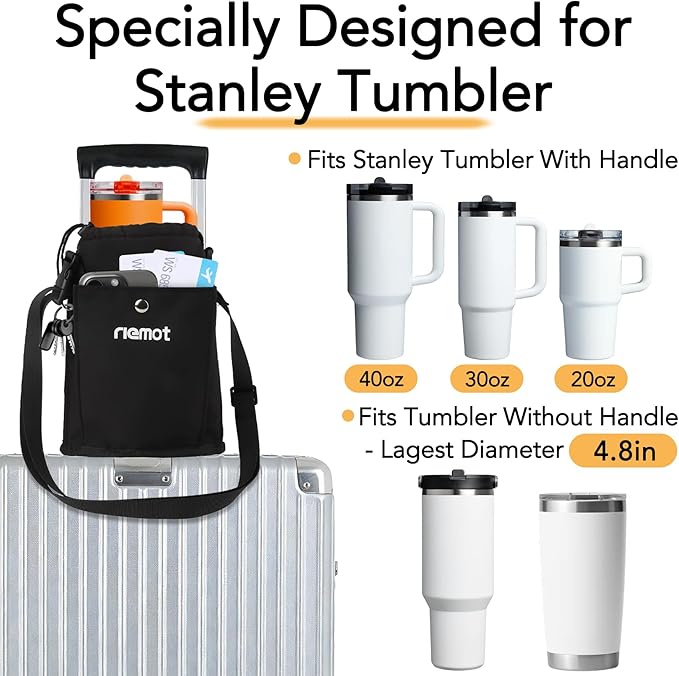 riemot Luggage Cup Holder with Strap, Travel Drink Holder with Phone Pocket, Hands Free Suitcase Drink Carrier Fits Stanley 40oz Cups, Luggage Accessories for Travel Airport Convenience