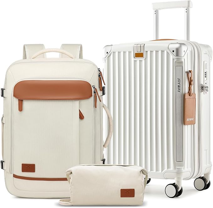 Joyway 20in Carry On Luggage with Cup Holder and USB Port, 25% Expandable Capacity, Smart Suitcase with Anti Slip Wheels and Backpack, Perfect for Men and Women 3 Piece Set White