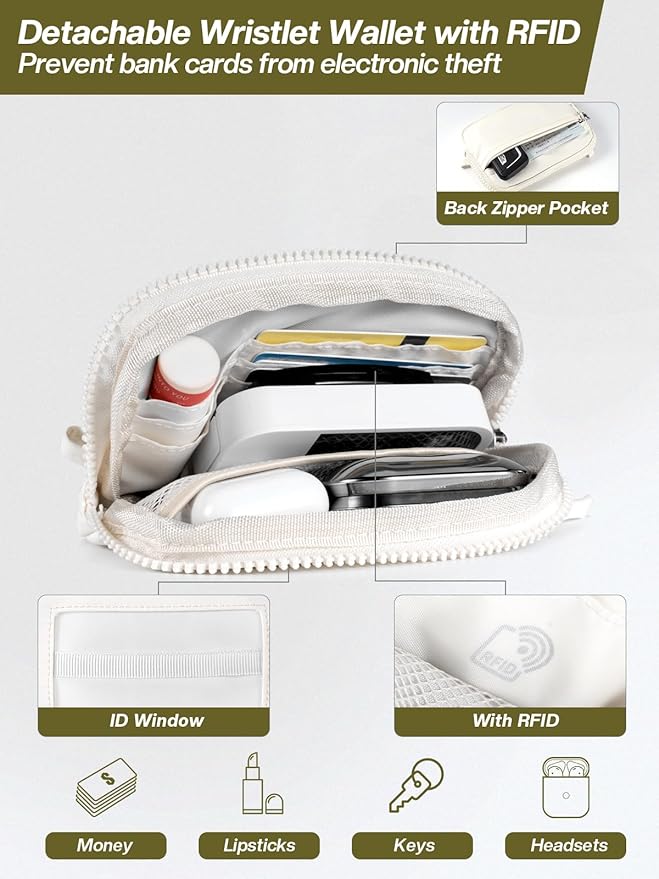 Tiostep Clip and Go Strap for Phone with Wallet Crossbody Phone Lanyard Adjustable and Detachable RFID Wristlet Wallet with ID Window and Zipper, Cream