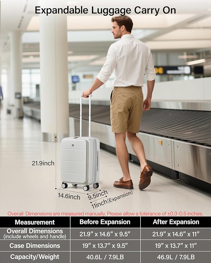 MILADA 20-Inch Expandable Carry On Luggage, Hard Shell Top-Opening Luggage with Wheels, TSA-Approved Small Travel Bag for Men and Women Carry-On Suitcase, White