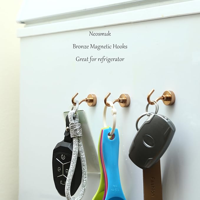 Neosmuk Magnetic Hooks, 30lb+ Heavy Duty Earth Magnets with Hook for Refrigerator, Extra Strong Cruise Hook for Hanging, Magnetic Hanger for Cabins, Grill (Bronze, Pack of 6)