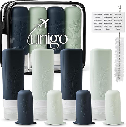 unigo Travel Bottles Set for Toiletries - Leakproof Refillable Travel Size Containers, TSA Approved Bottles with Labels, Brush & Covers for Carry-On Travel (White,Black)
