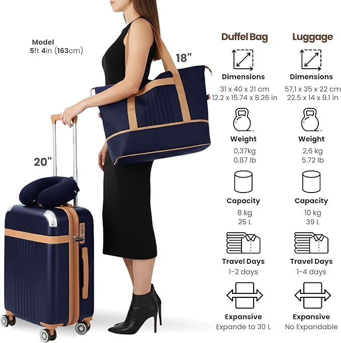 Santino Luggage Sets 3 Piece Carry On Luggage Set 20 Inch Hardshell & Lightweight PP Luggage Suitcase with Detachable Spinner Wheels & TSA Lock 20" Suitcase with Duffel & U-shaped pillow