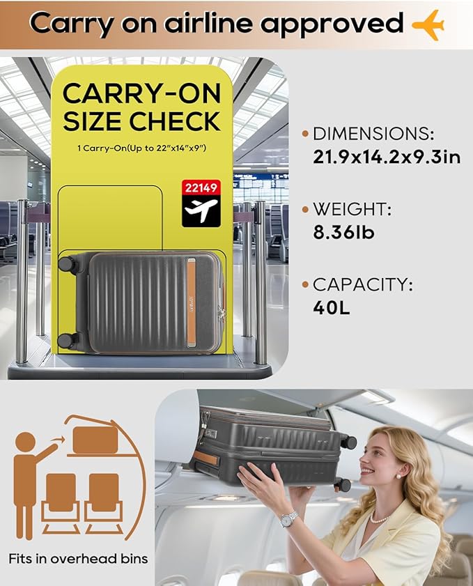 Joyway Carry on Luggage Airline Approved with Front Compartment and Cup Holder, 20 Inch Hard Shell Carry-on Suitcase with Spinner Wheels and TSA Lock for Women Men (Grey, 20 Inch)