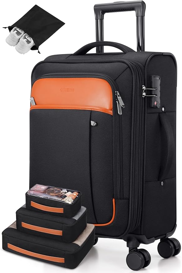 UKEIN Softside Expandable Carry On Luggage 22x14x9 Airline Approved, 20 Inch Suitcase with Wheels & TSA Lock, Travel Suitcase with 4-Piece Packing Bags for Women Men