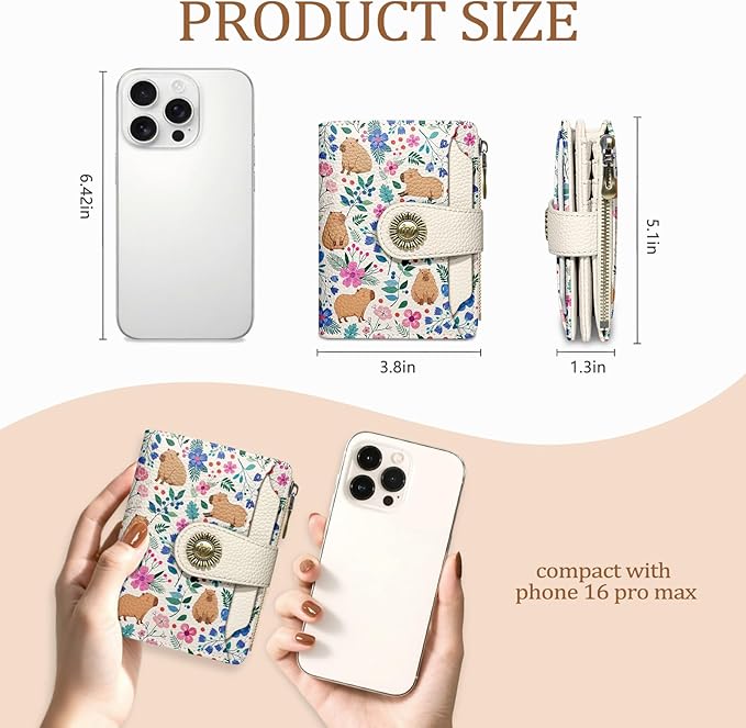 Icycay Cute Capybara Wallet Women Small RFID Blocking Bifold, Credit Card Holder, Zipper Coin Pocket, PU Leather, Compact, Travel, 4 ID Window, 14 Card Slots, Cash Purse, Ladies Woman Female Girls