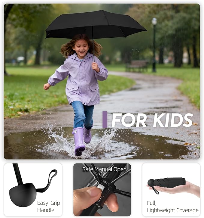Travel Mini Umbrella Compact Small & Lightweight, UV Rain Protection, Pocket-Sized Folding Umbrellas with Quickdraw & Case for Men Women & Kids Backpack