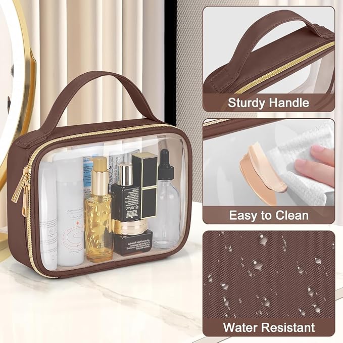 Wedama Clear Toiletry Bag, 2 Pack Clear Makeup Bags with Handles, Large Travel Bags PVC Cosmetic Bag for Women and Men, Carry on Airport Airline Compliant Bag, Brown